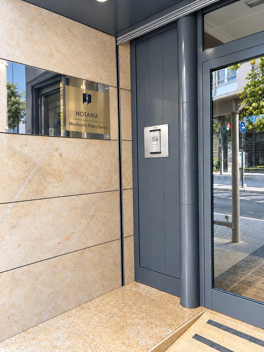 Entrada principal de la notaría, con la placa junto a la puerta