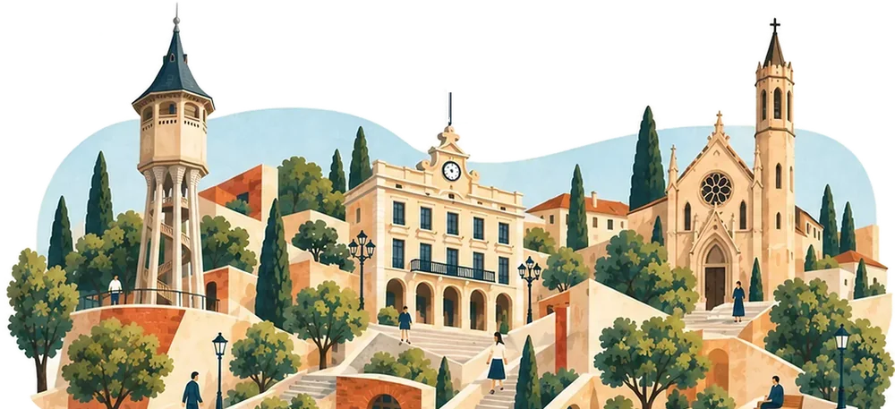 Dibujo de Sabadell: la Torre de l'Aigua, el Ajuntament y Sant Fèlix