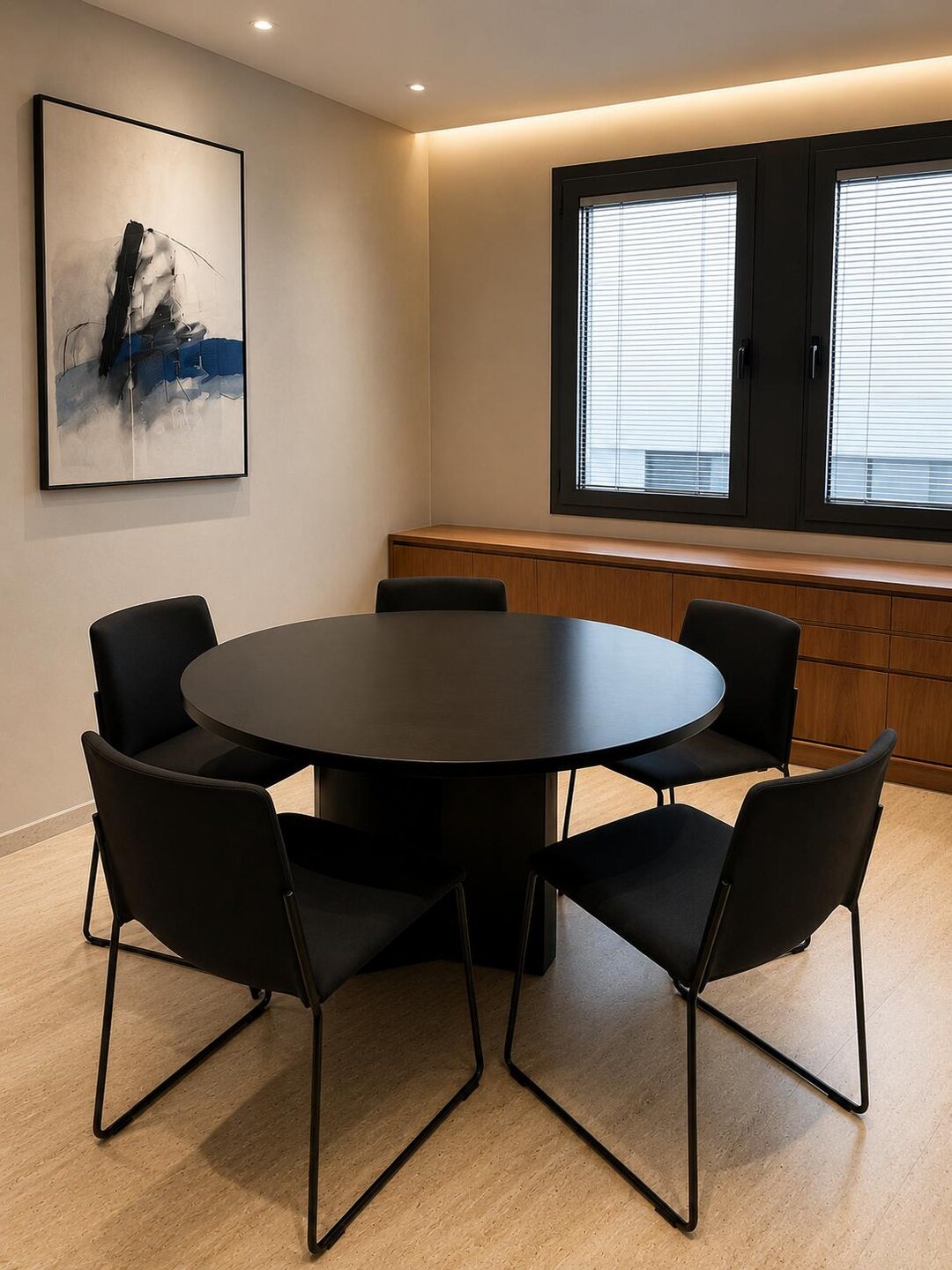 Despacho de reuniones con mesa redonda y obra de arte contemporánea