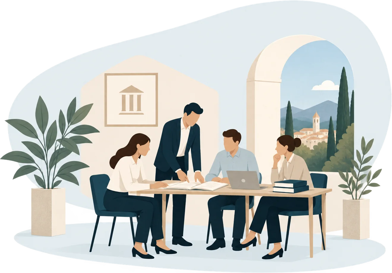 Dibujo del equipo de la notaría trabajando alrededor de una mesa