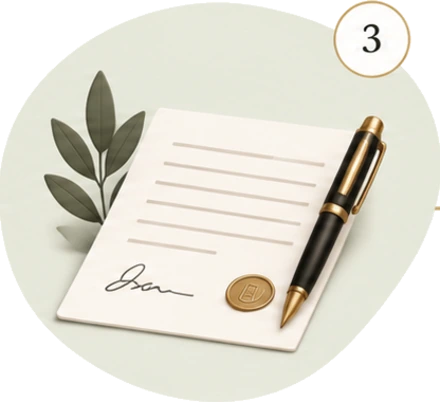 Dibujo de una pluma firmando una escritura con sello
